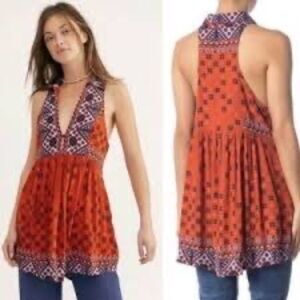 Free People Charlotte Women's Sleeveless Tunic Top‎ Vibrant Orange Print Sz S